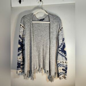 Chaps Gray and Navy Fringe Open Women's Cardigan 100% Cotton Sz L